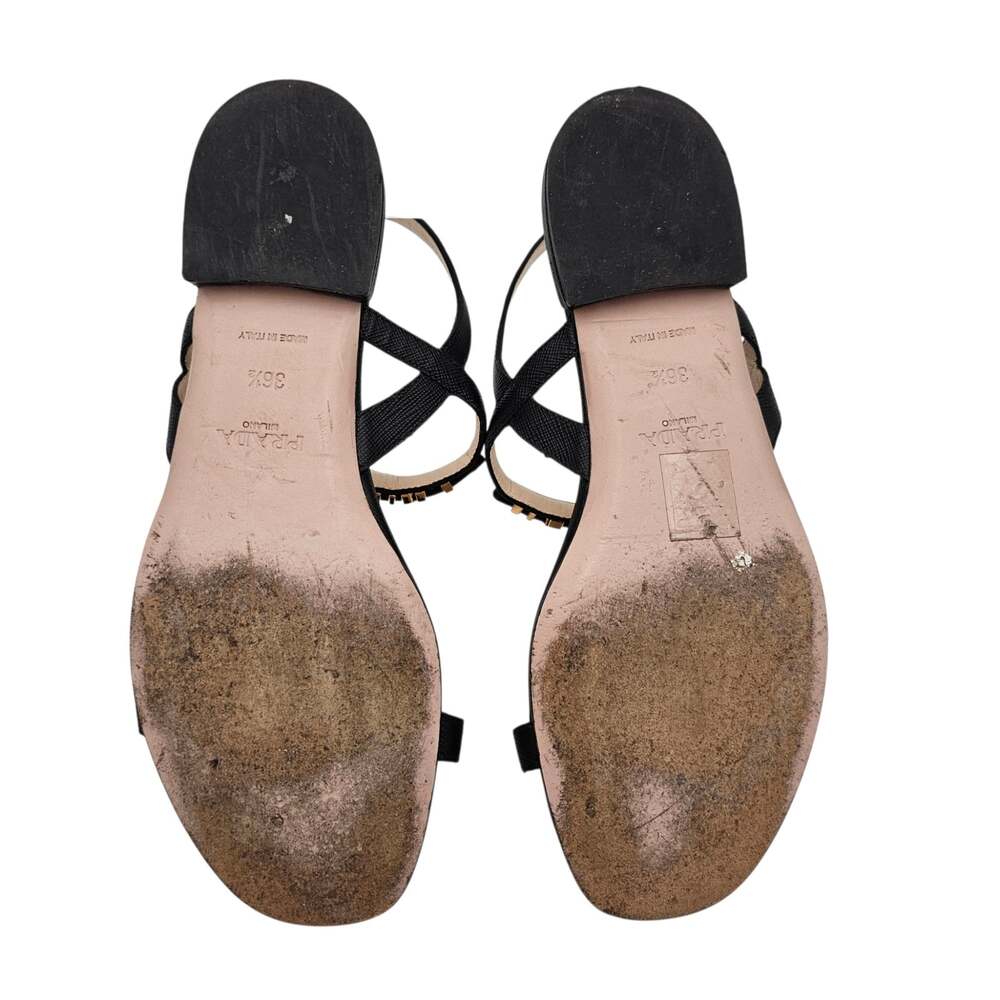Prada Logo Black Leather Flat Ankle Strap Sandal Gold Buckle Size 36.5 6.5 - Picture 9 of 11